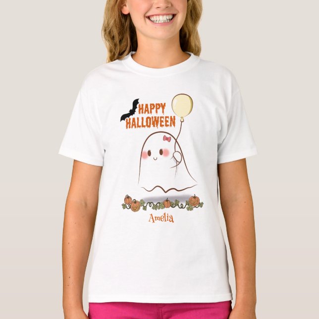 Niedlicher Halloween-Geist, der einen Ballonmädche T-Shirt (Vorderseite)