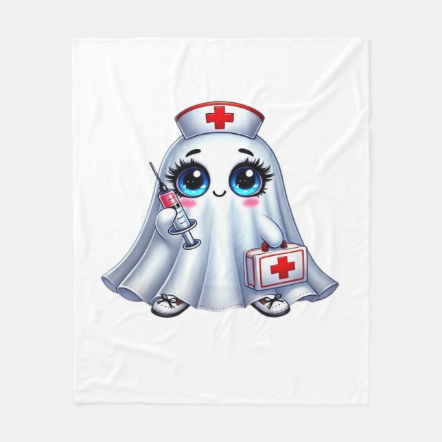 Niedlicher Halloween-Geist in einer Krankenschwest Fleecedecke (Vorderseite)