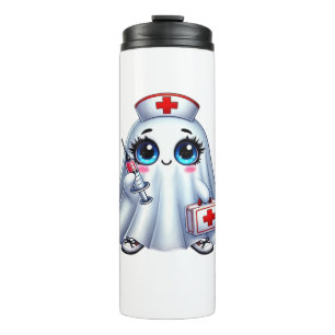 Niedlicher Halloween-Geist in einer Krankenschwest Thermosbecher