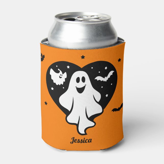 Niedlicher Halloween-Geist mit Herz und Gesicht Dosenkühler (Kanne Vorderseite)