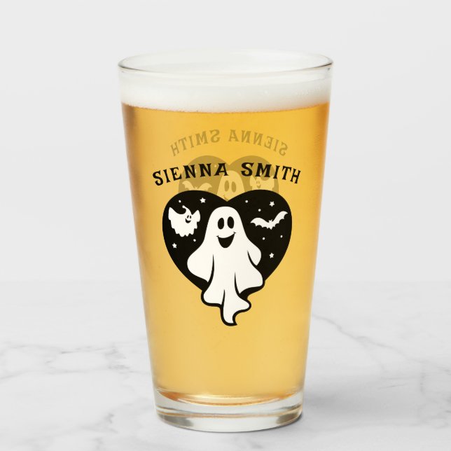 Niedlicher Halloween-Geist mit Herz und Gesicht Glas (Vorne (Gefüllt))