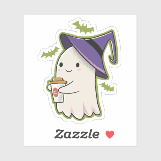 Niedlicher Halloween-Geist mit Kaffeecup Aufkleber (Blatt)