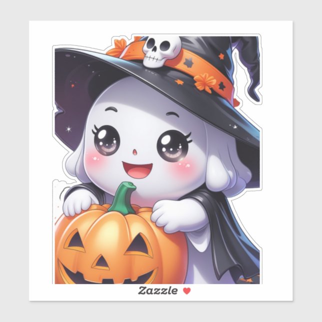 Niedlicher Halloween-Geist mit Pumpkin Aufkleber (Blatt)