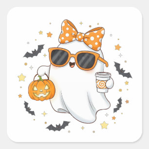 Niedlicher Halloween-Geist mit Pumpkin Quadratischer Aufkleber