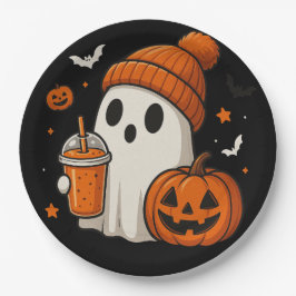 Niedlicher Halloween-Geist mit Pumpkin und Drink Pappteller