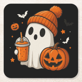 Niedlicher Halloween-Geist mit Pumpkin und Drink Rechteckiger Pappuntersetzer
