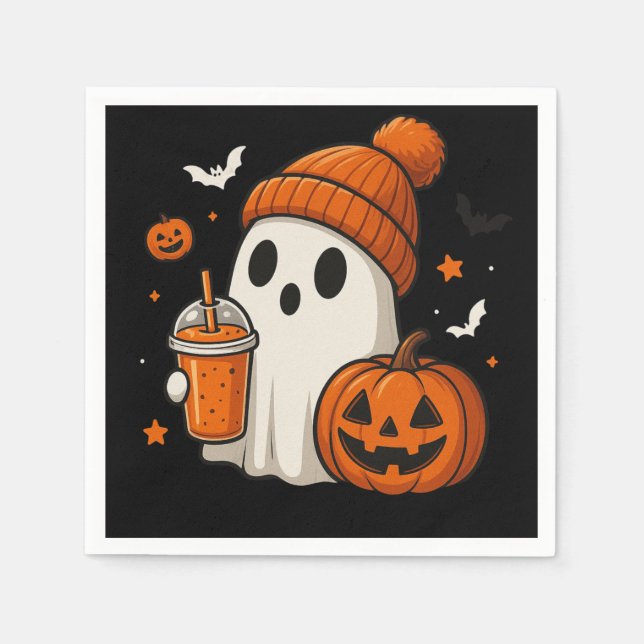 Niedlicher Halloween-Geist mit Pumpkin und Drink Serviette (Vorderseite)
