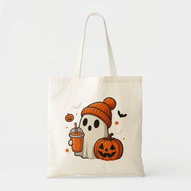 Niedlicher Halloween-Geist mit Pumpkin und Drink Tragetasche (Vorne)