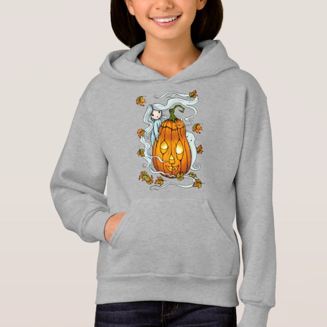 Niedlicher Halloween-Geist und Kürbis mit Katze Hoodie (Vorderseite)