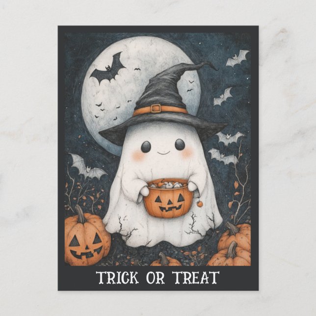 Niedlicher Halloween-Geistertrick oder Treat Pumpk Postkarte (Vorderseite)