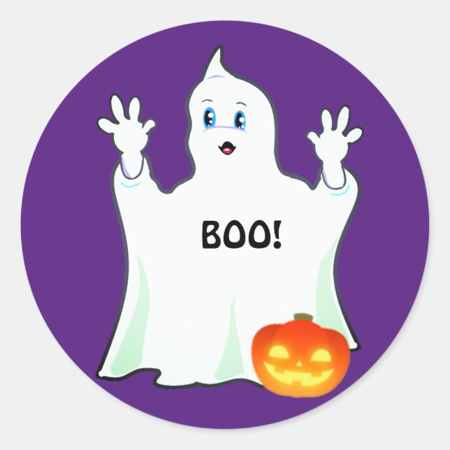 Niedlicher Halloween Ghost & Pumpkin auf Lila Runder Aufkleber (Vorderseite)