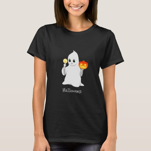 Niedlicher Halloween Ghost & Pumpkin T-Shirt (Vorderseite)