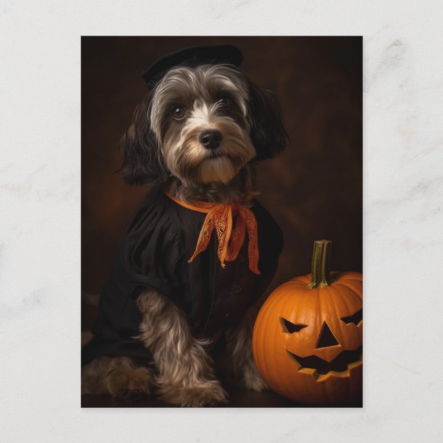 Niedlicher Halloween Hund mit Kürbislaterne Postkarte (Vorderseite)