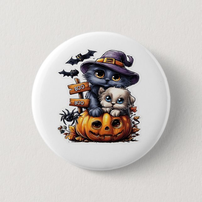 Niedlicher Halloween-Katzenaufkleber - Hexenhut, P Button (Vorderseite)
