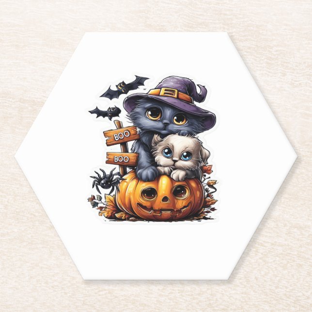 Niedlicher Halloween-Katzenaufkleber - Hexenhut, P Untersetzer (Vorderseite)