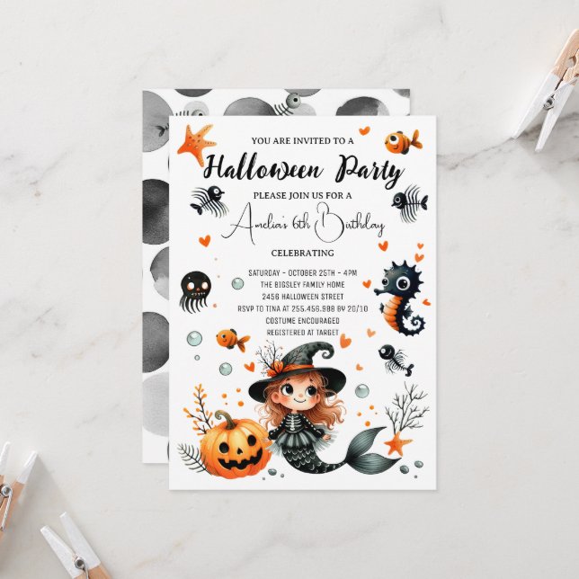 Niedlicher Halloween Kindergeburtstag Spooky Merma Einladung (Vorderseite/Rückseite Beispiel)