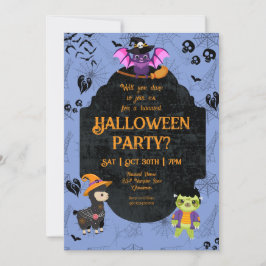 Niedlicher Halloween Llama, Bat, Sloth Party Einladung