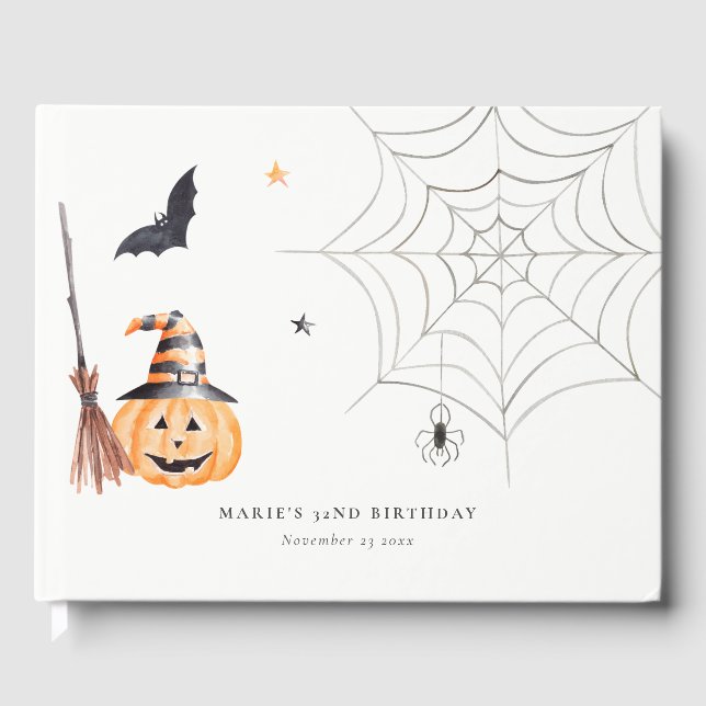 Niedlicher Halloween Pumpkin Spiderweb jedes Alter Gästebuch (Vorderseite)