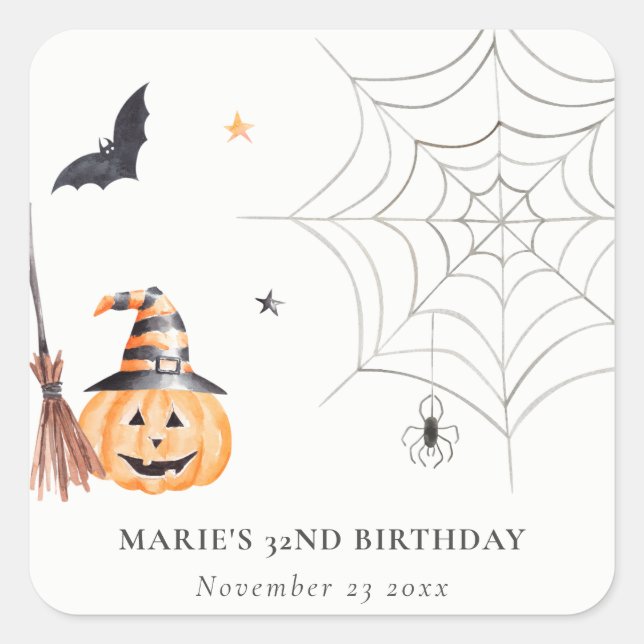 Niedlicher Halloween Pumpkin Spiderweb jedes Alter Quadratischer Aufkleber (Vorderseite)