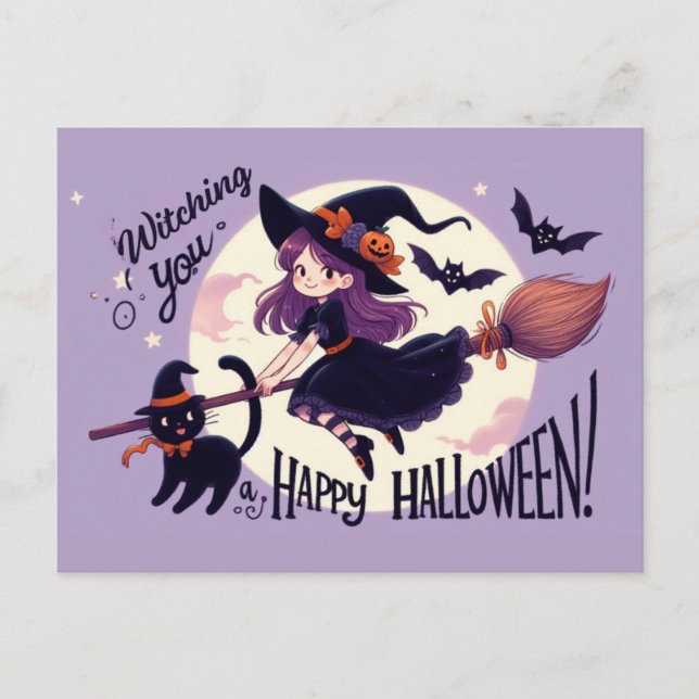 Niedlicher Halloween Pun mit Hexe und Katze Postkarte (Vorderseite)