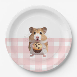 Niedlicher Hamster mit Muffin Pink Gingham Karo Pappteller