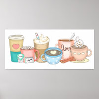 Niedlicher, handgezogener Kaffee und heißer Kakao