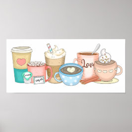 Niedlicher, handgezogener Kaffee und heißer Kakao Poster