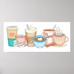 Niedlicher, handgezogener Kaffee und heißer Kakao Poster