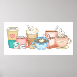Niedlicher, handgezogener Kaffee und heißer Kakao Poster