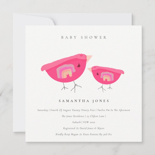 Niedlicher Handgezogener Regenbogen Pink Birdy Bab Einladung (Vorderseite)