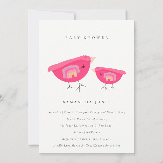 Niedlicher Handgezogener Regenbogen Pink Birdy Bab Einladung (Vorderseite)