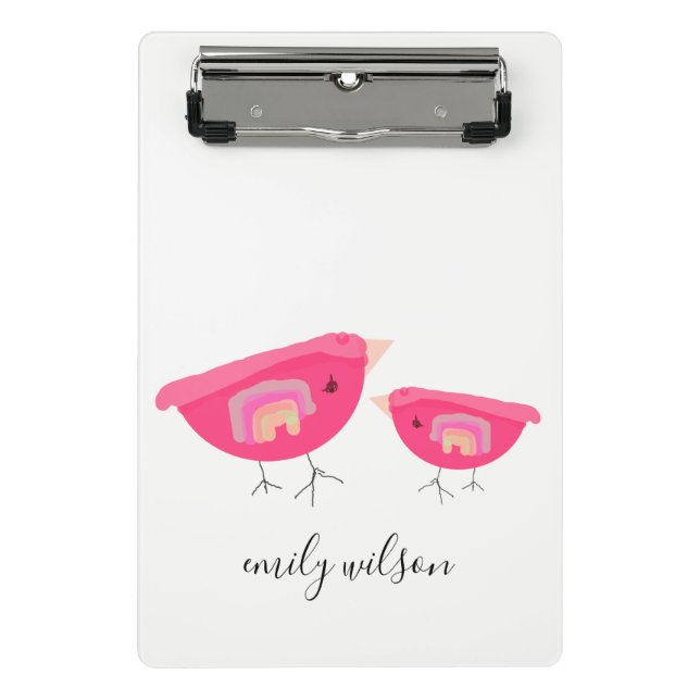Niedlicher Handgezogener Regenbogen Pink Birdy Mot Mini Klemmbrett (Vorderseite)