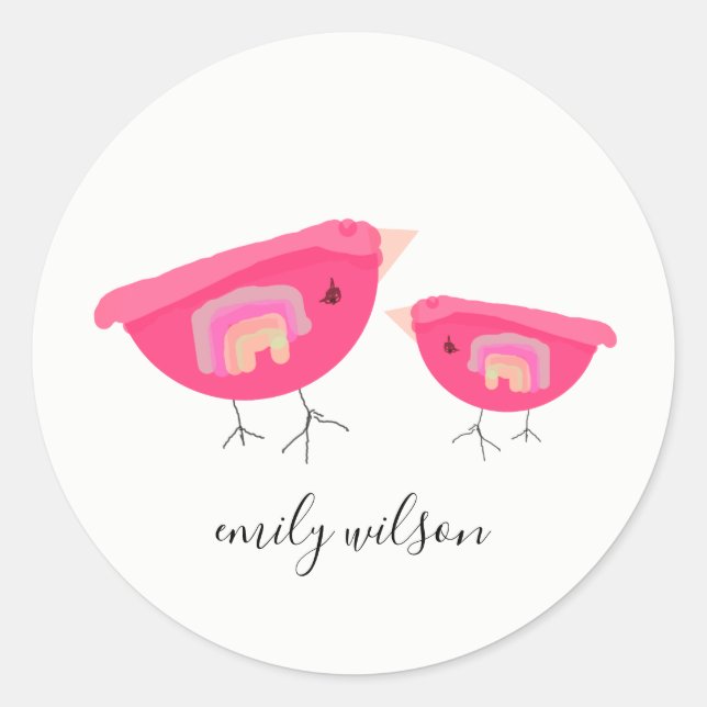 Niedlicher Handgezogener Regenbogen Pink Birdy Mot Runder Aufkleber (Vorderseite)