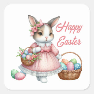 Niedlicher Happy Easter Girl-Hase hinzufügen Quadratischer Aufkleber