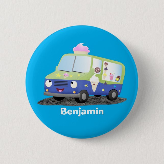 Niedlicher Happy Eis LKW Cartoon Button (Vorderseite)