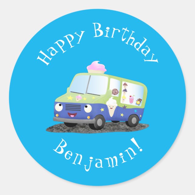 Niedlicher Happy Eis LKW Cartoon Runder Aufkleber (Vorderseite)
