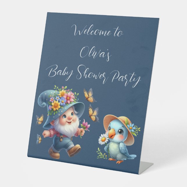 Niedlicher Happy Gnome mit Butterfly Baby Dusche Sockelschild (Vorderseite)