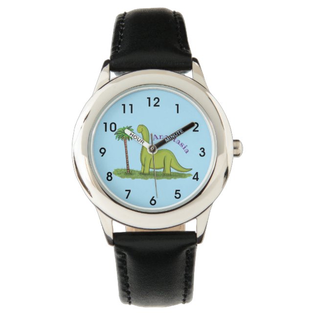 Niedlicher Happy Green Brontosaurus Dinosaurier Ca Armbanduhr (Vorderseite)