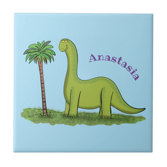Niedlicher Happy Green Brontosaurus Dinosaurier Ca Fliese (Vorderseite)