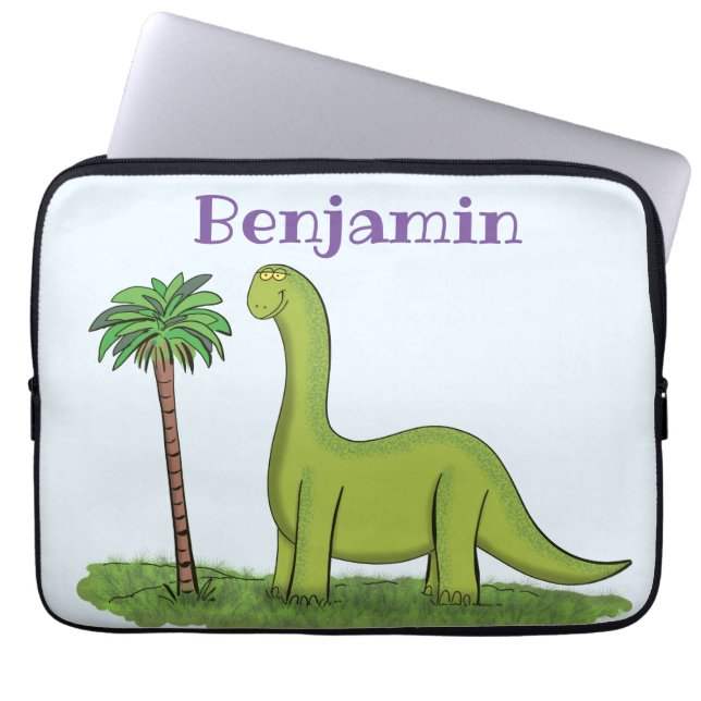 Niedlicher Happy Green Brontosaurus Dinosaurier Ca Laptopschutzhülle (Vorderseite)