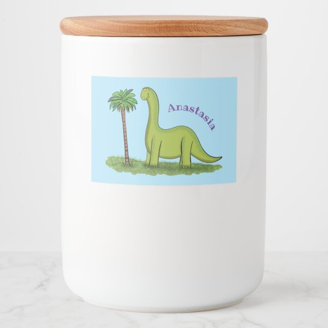 Niedlicher Happy Green Brontosaurus Dinosaurier Ca Lebensmitteletikett (Vorderseite)