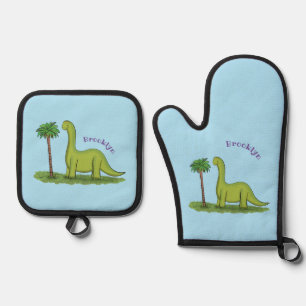 Niedlicher Happy Green Brontosaurus Dinosaurier Ca Ofenhandschuh & Topflappen-Set