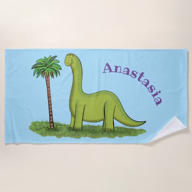Niedlicher Happy Green Brontosaurus Dinosaurier Ca Strandtuch (Vorderseite)