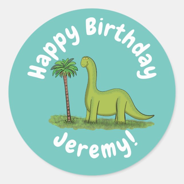 Niedlicher Happy Green Brontosaurus Dinosaurier Runder Aufkleber (Vorderseite)
