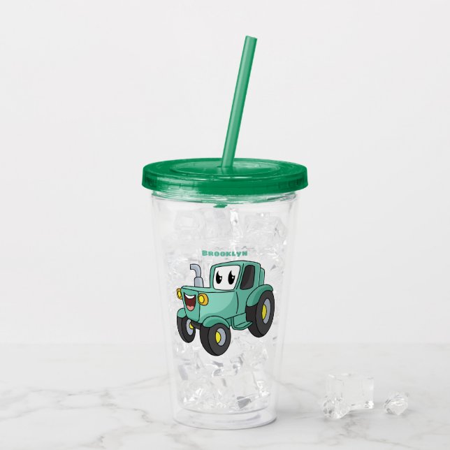 Niedlicher Happy Green Traktor Cartoon Acryltrinkbecher (Rückseite Ice)