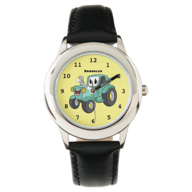 Niedlicher Happy Green Traktor Cartoon Armbanduhr (Vorderseite)