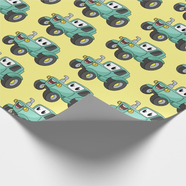 Niedlicher Happy Green Traktor Cartoon Geschenkpapier (Ecke)