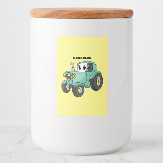 Niedlicher Happy Green Traktor Cartoon Lebensmitteletikett (Vorderseite)