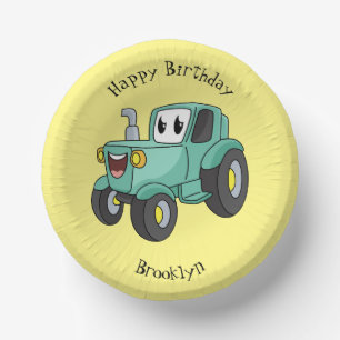 Niedlicher Happy Green Traktor Cartoon Pappteller