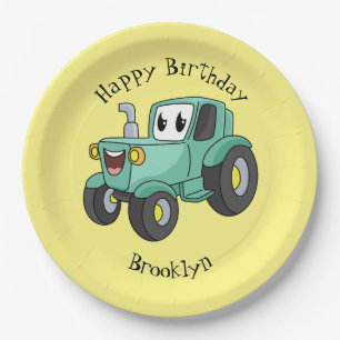 Niedlicher Happy Green Traktor Cartoon Pappteller